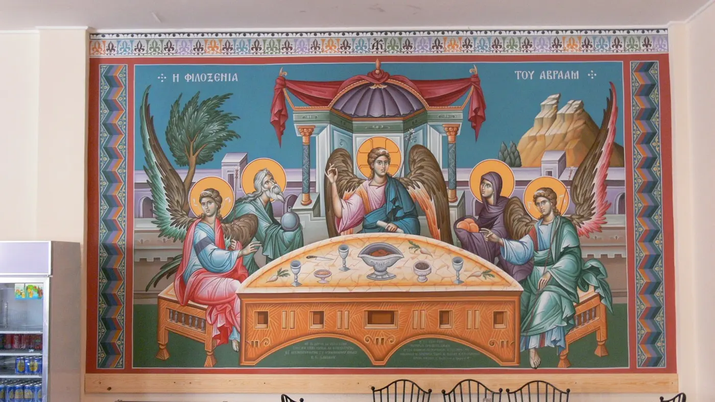 The Hospitality of Abraham mural in Saint Catherine’s Monastery guesthouse refectory on Sinai