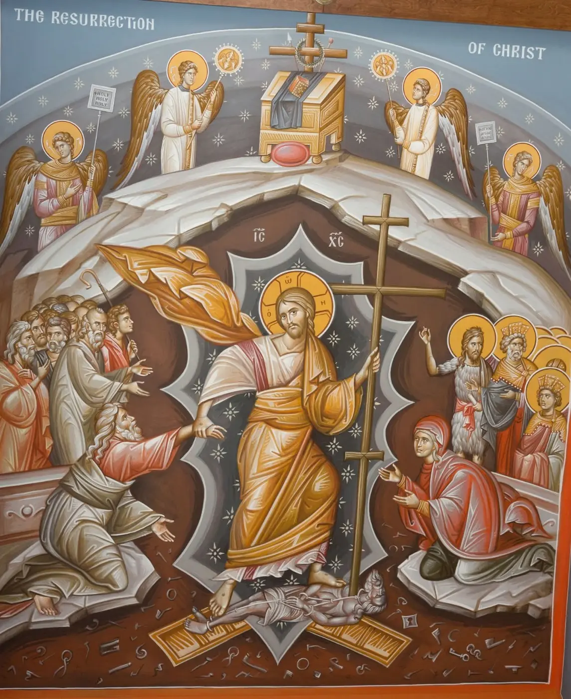 The Resurrection of Christ with angels and figures around the empty tomb