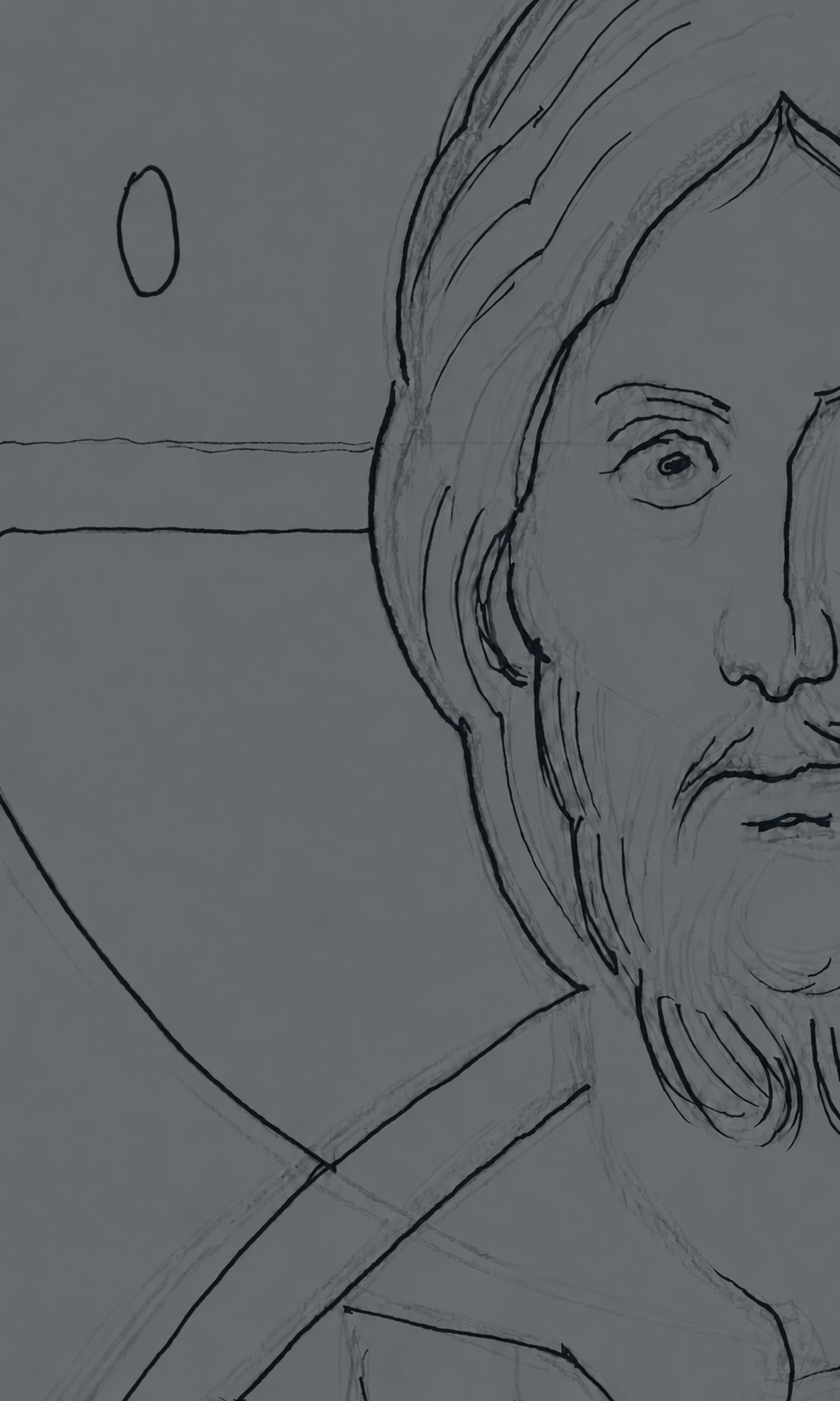 Detail of Uglješa Mileta’s icon drawing, adapted to grey, with dark contours and faint construction strokes