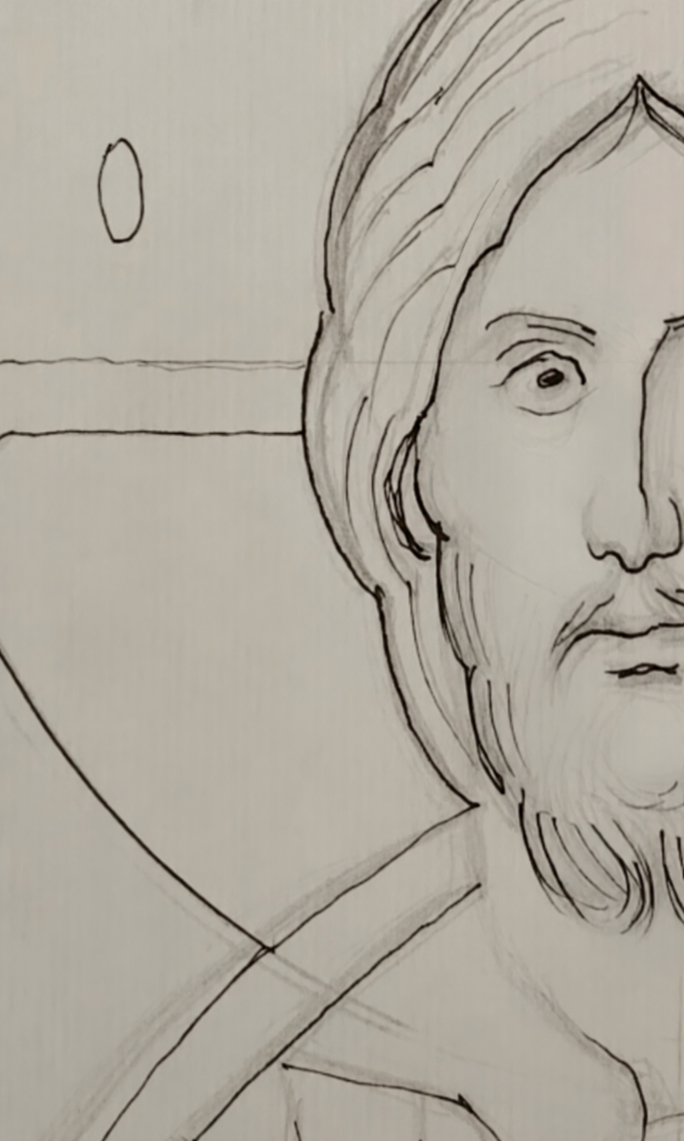 The preliminary icon drawing photographed on paper, with the lighter pencil marks visible beneath the final contours